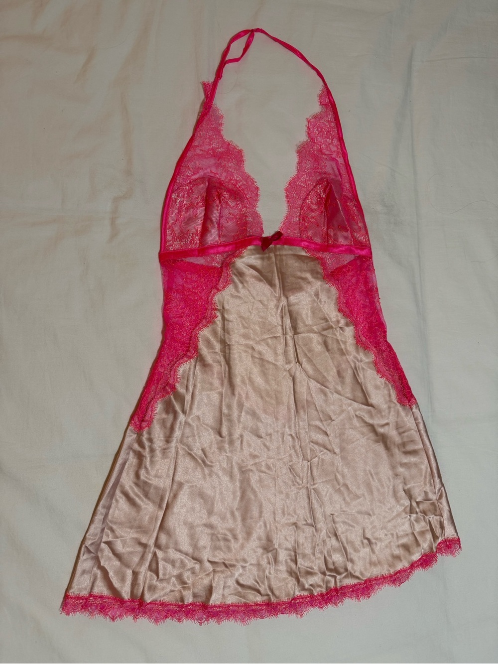 Victoria's Secret Hot Pink & Cream Satin Lace Chemise